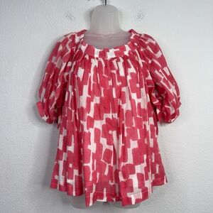 See By Chloe Shirt Womens 6 Salmon White Abstract Artsy Puff Sleeve Coastal Boho